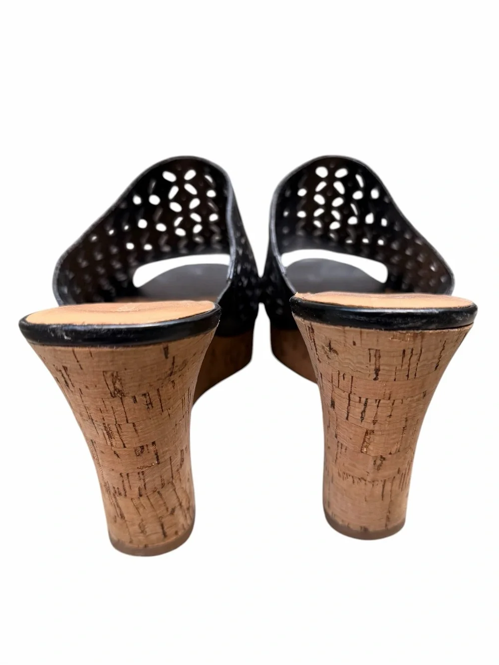 Lauren Blakwell Women’s 11 Black Ilene Perforated Cork Wedge Slide Sandals Boho
